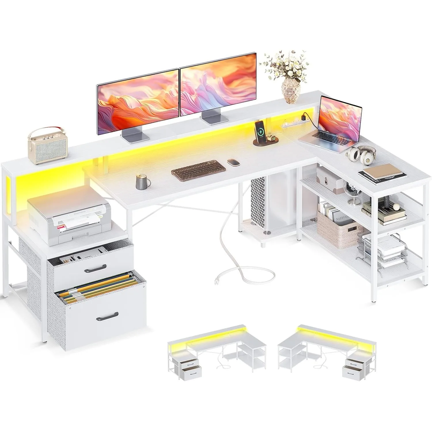 

L Shaped Desk with File Drawer, 75" Reversible L Shaped Computer Desk with Power Outlet, Office Desk with Storage Shelves