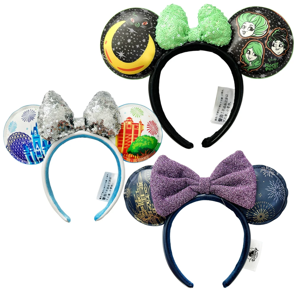 

Disney Cartoon Mickey Minnie Mouse Ear Headband Adults/Child Disneyland Hocus Pocus PU Leather Bow Ear Women Christmas Gifts