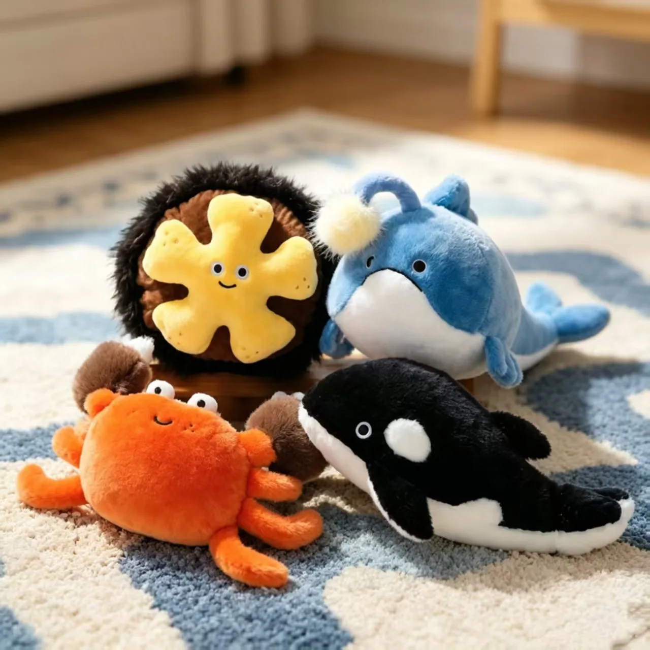 Cute Killer Whale Sea Urchin & Crab Decompression Plush Toy Pillow Lantern Fish Simulation Ocean Animal Stuffed Doll for Kids