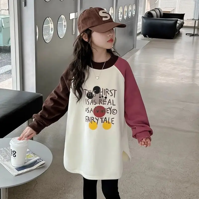 Girls' 2025 New Spring&Autumn Loose Fit Korean Style Long Sleeve Round Neck Basic Sweatshirt for Big&Small Kids