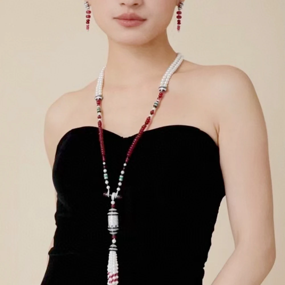 Black Enamel Red Agate Green Zircon White Pearl Tassel Pendant Long Bead Chain Necklaces Earrings Luxury Designer Jewelry Sets