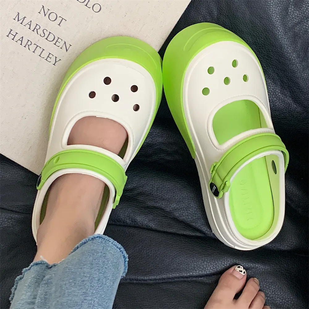 Mary Jane Summer New EVA Thick Sole Perforated Shoes Women Wearing Elevated Soft Sole DIY Solid Color Two Wear Home Slippers