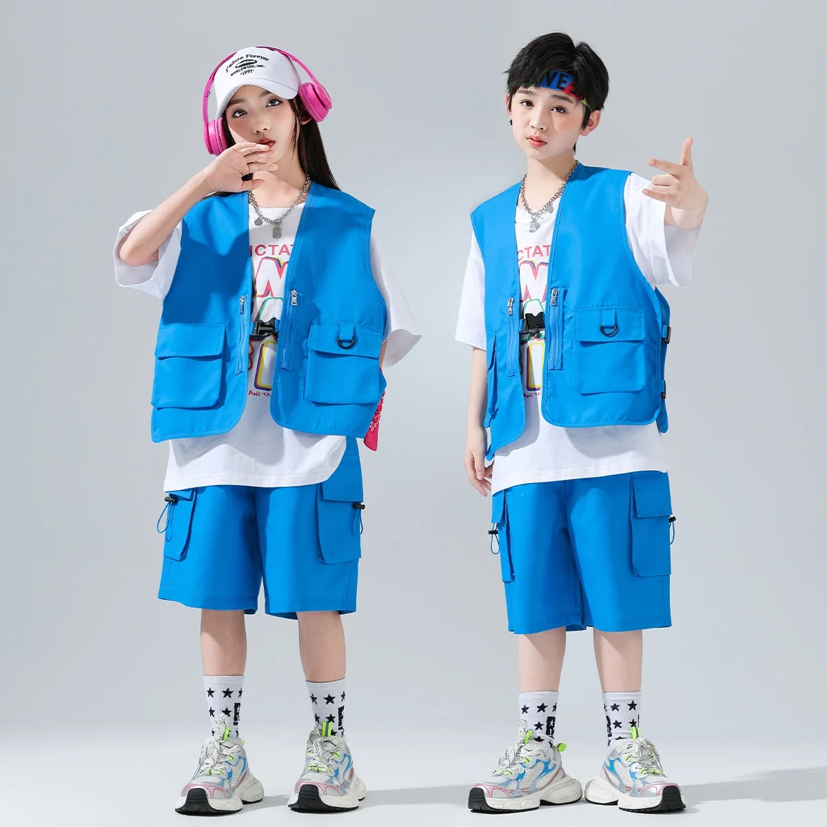 

Street Dance Children Clothes Cool Boys Teen Jazz Dance Stage Wear Hip Hop Dancer Blue Performance Outfit Shorts Streetwear 3400