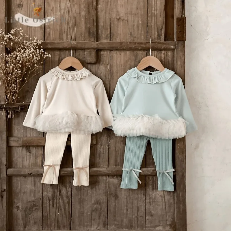 Ensemble 2 pièces en coton et dentelle TUTU pour bébé fille, blouse à volants et pantalon à nœud, tenue de princesse à manches longues, couleur unie, vêtements d'automne, 9M-2T