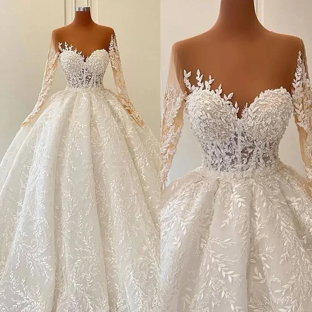 

Flavinke Customized Elegant Sweetheart Wedding Dresses Lace Appliques Long Sleeves Chapel Train Bridal Gowns Vestidos De Novia