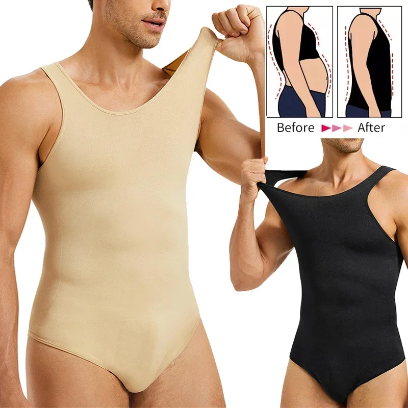 Mens Shapewear Tummy Control Full Body Shaper with Seamless Elastic Round Neck Slimming Bodysuit Sleeveless Undershirts