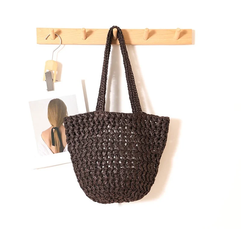 

Hollow Out Design Paper Rope Woven Bag for Women Casual Grass Braided Shoulder Bag Seaside Vacation Beach Bags