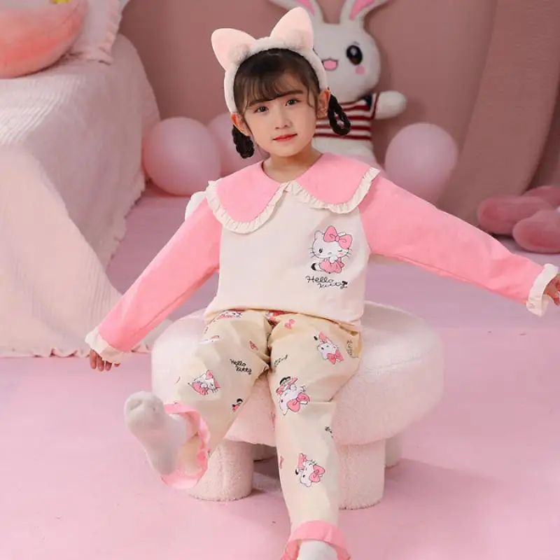 

Sanrios Anime Hellokitty Cotton Pajamas Keep Warm Kuromi Cartoon Long Sleeved Soft Comfortable Home Clothing Set Cute Girl Gift