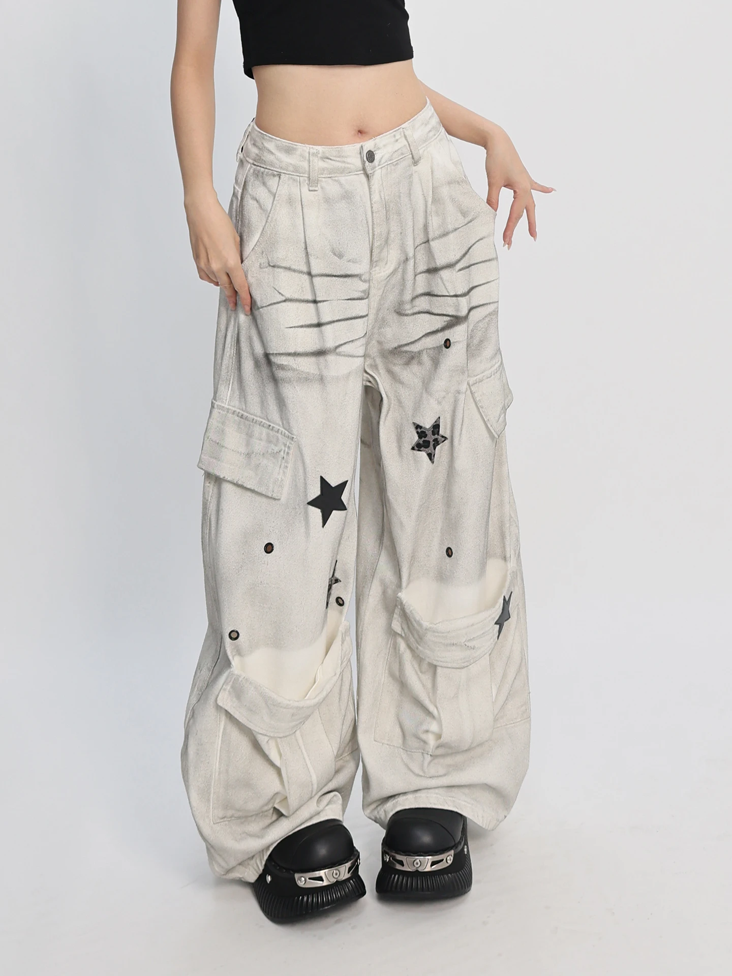 

Catwish Street Style Dyed Jeans Wide Leg Pants Washed out Vintage Knife Low Waist Cotton Pants for Young Women