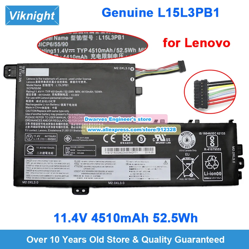 Genuine L15L3PB1 Battery 11.4V 4510mAh 52.5Wh for Lenovo L15L3PB1 Rechargeable Battery Packs