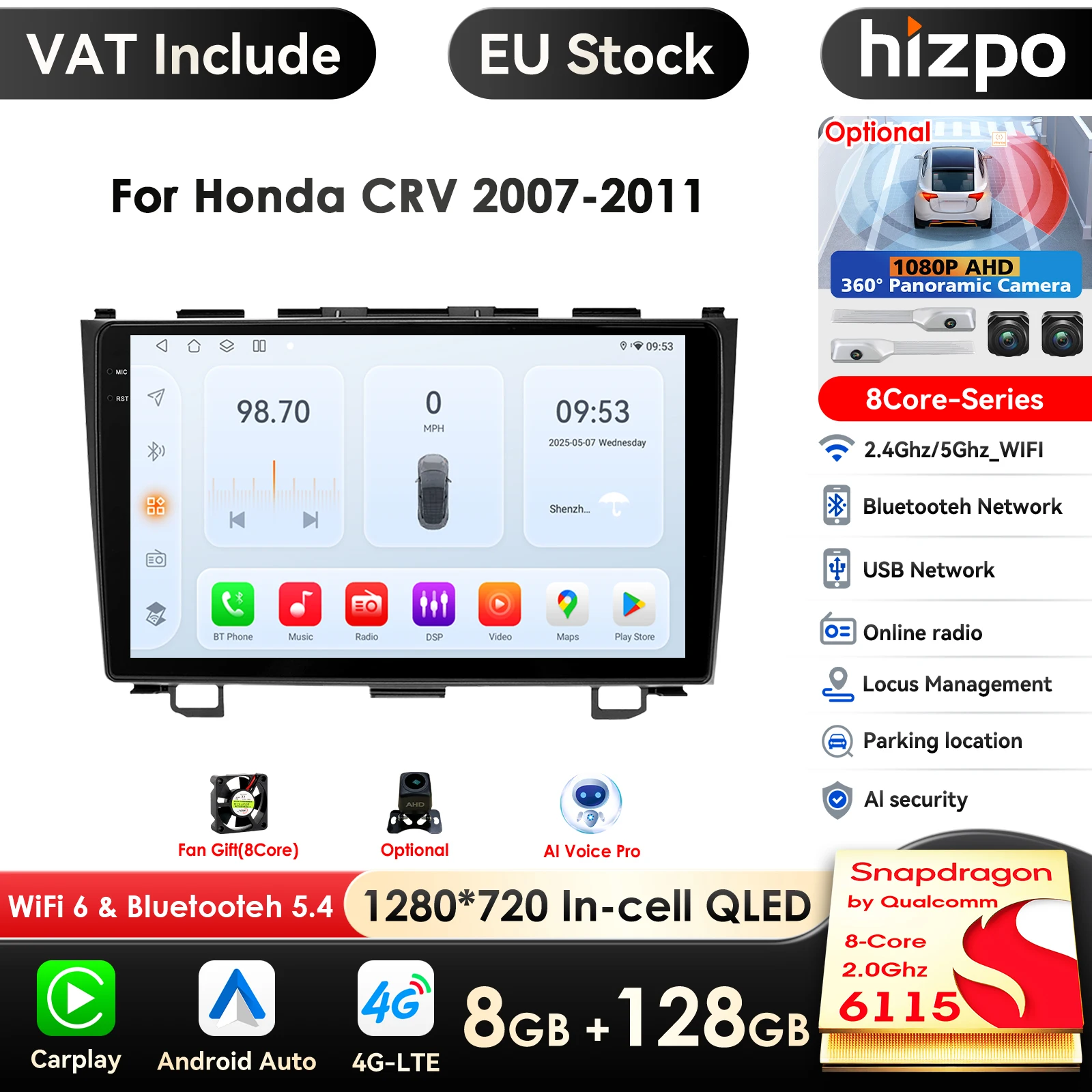 9-Zoll-Touch mit Bildschirm im Armaturenbrett 2 Din Android-Autoradio GPS für Honda CRV 2007–2011 Stereo WiFi 4G Bluetooth DSP-Lenkrad