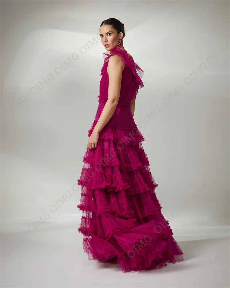 OIMG-Fuschia A Line Vestidos De Noite Formais, Um Ombro Tiered Ruched Graduação Vestidos De Festa, A Line Prom Gown, 2024