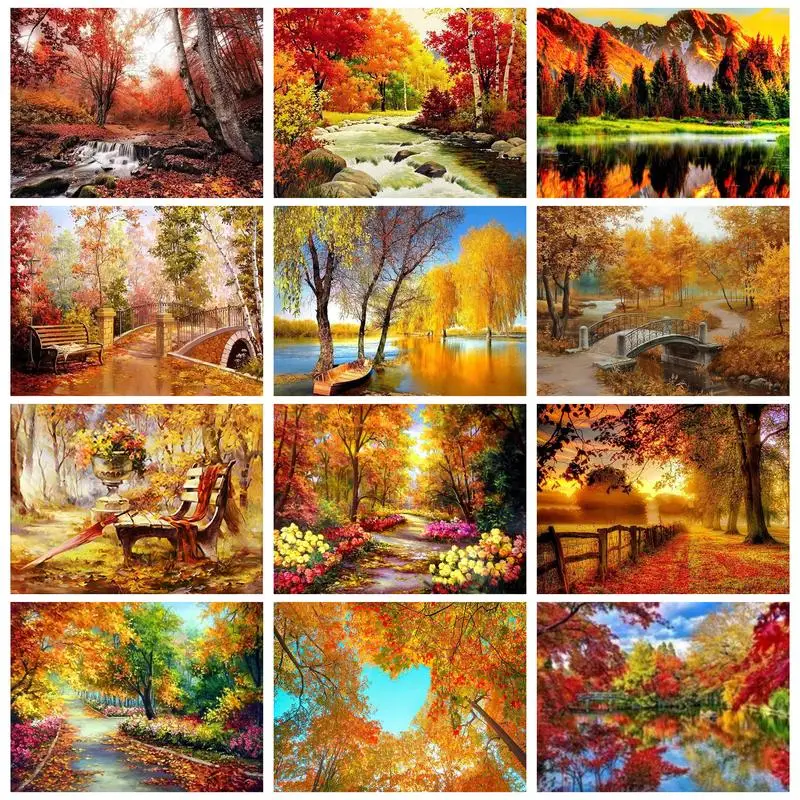 GATYZTORY 5D Diamond Painting Frame Autum Forest Landscape Cross Stitch For Adults Mosaic Diamond Home Decors Handicrafts