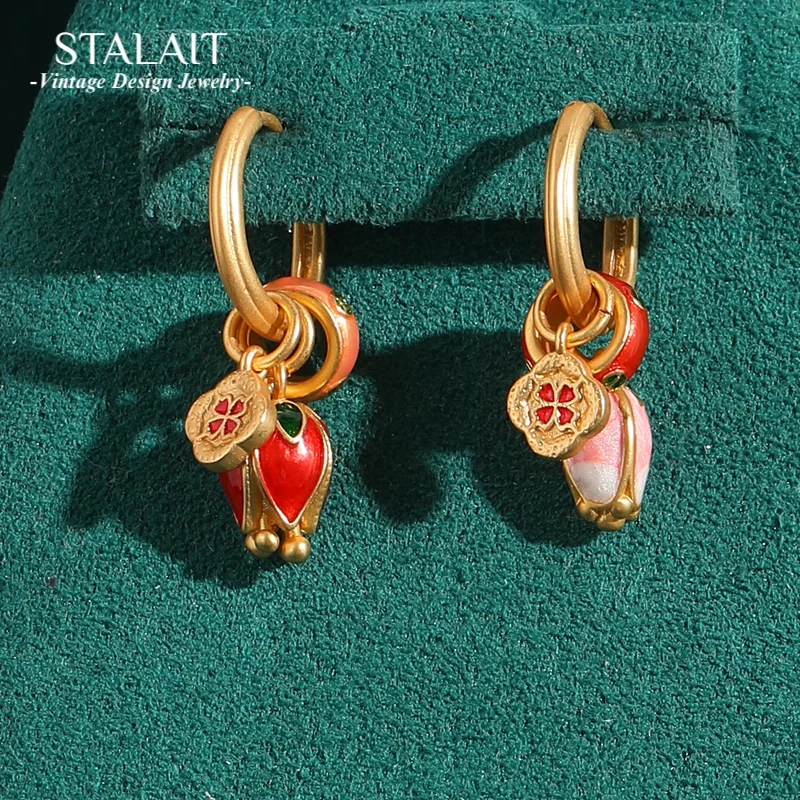 

Vintage Red Clover Earrings 4 Leafs Hoop Pink Flower Accessories Woman Dangle Antique Gold Color Luxury Designer Jewelry 2025