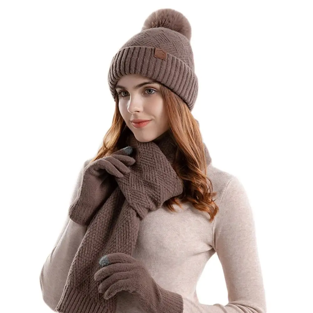 3Pcs/Set Winter Touchscreen Knitted Hat Neck Protection Soft Scarf Gloves Set Warm Outdoor Scarf Cap Men Women
