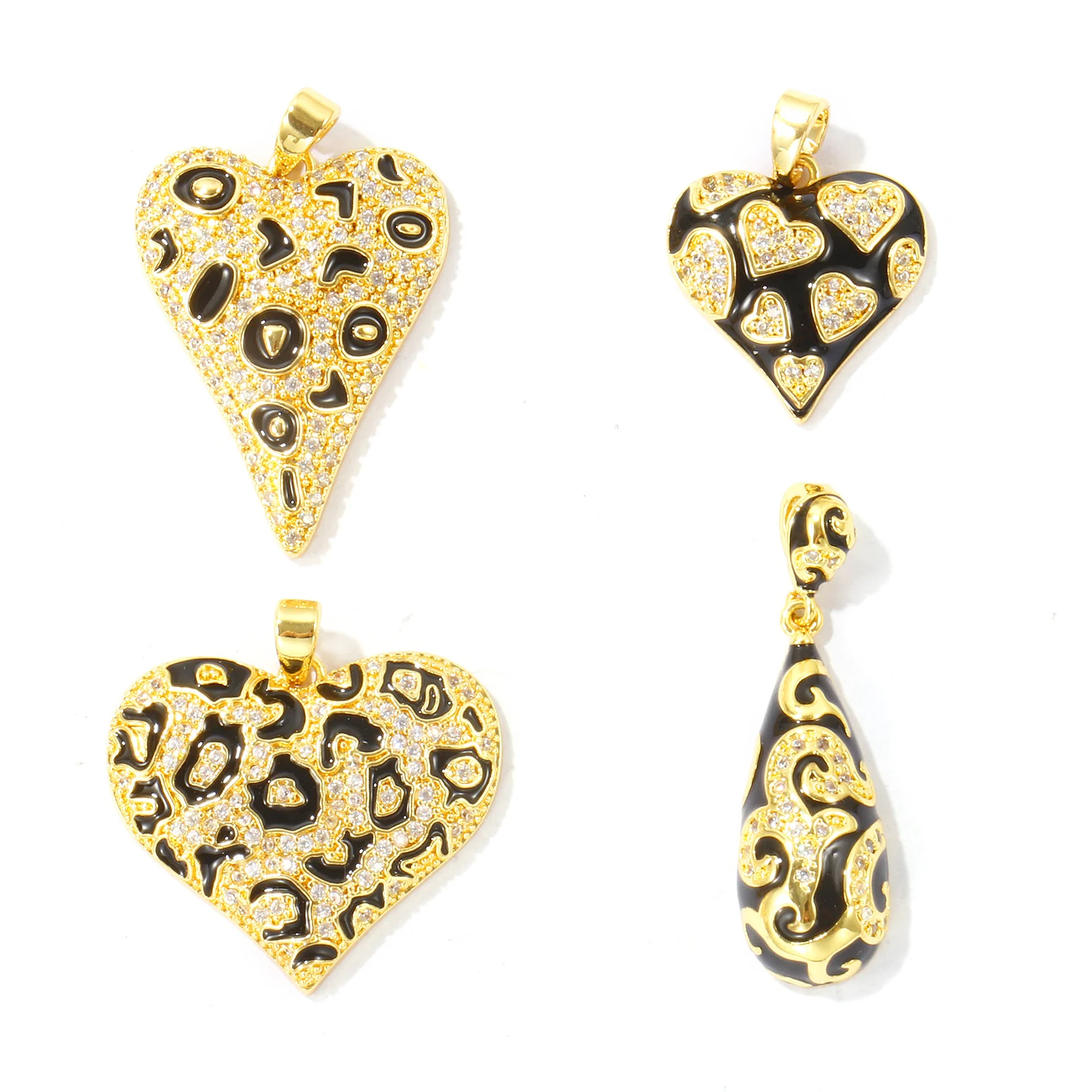 2pcs Micro Pave Clear Cubic Zirconia Heart Charms 18K Gold Plated Black Enamel Leopard Print Brass Pendants DIY Necklace Jewelry