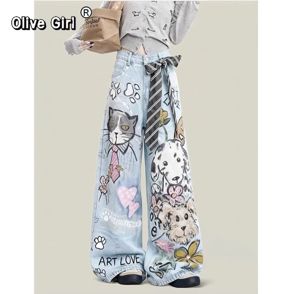 Olivegirl American Graffiti Jeans Men Women Trousers Trendy Hand-painted Cat Dog Spring Niche Fashion Design Casual Pants