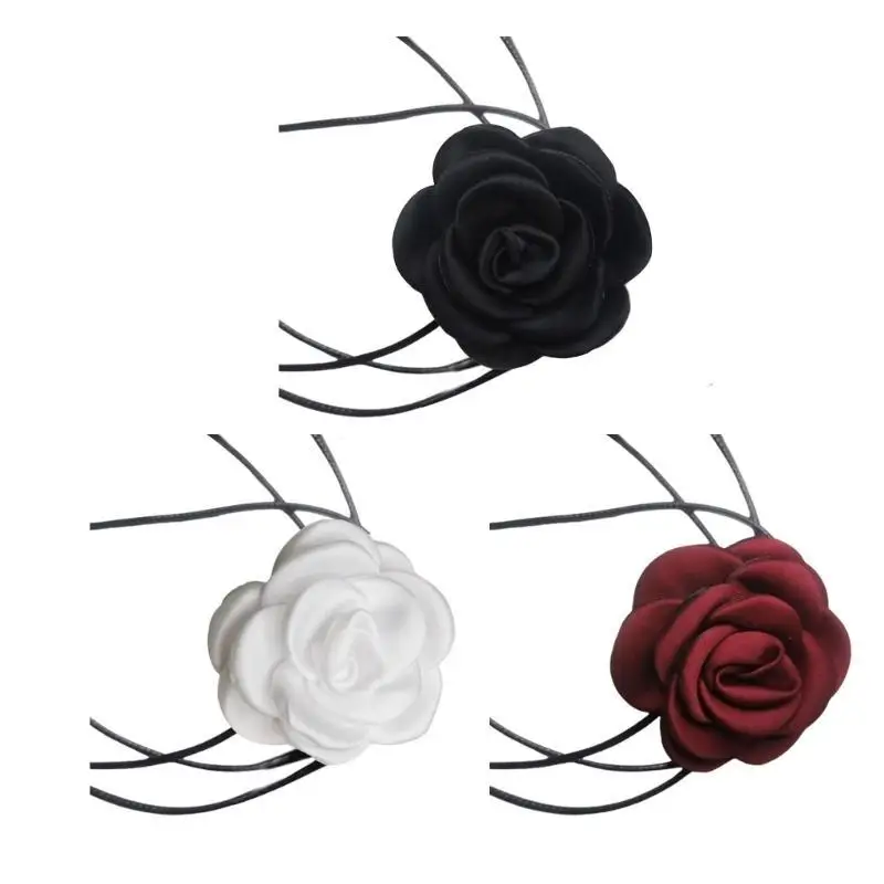 

652F Neck-Band Necklace Cool Retro-Black Rope Necklace Camellia Choker Collar Chain for Women Girls Jewelry Ornament