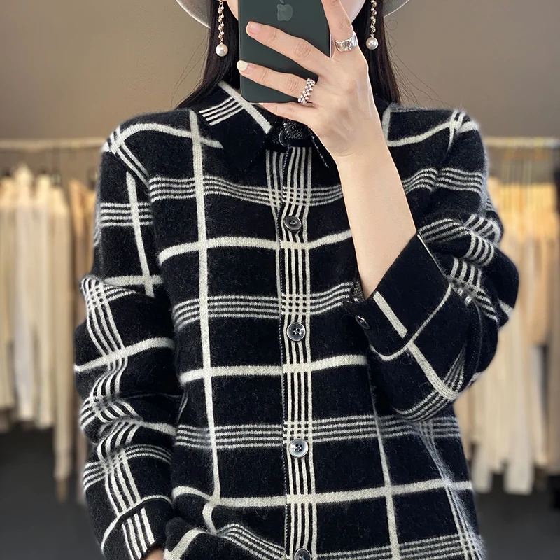 Autumn Winter New 100% Cashmere Wool Women Sweater Tailored Collar Splicing Checker Cardigan Casual Knitted Soft Jacket Tops