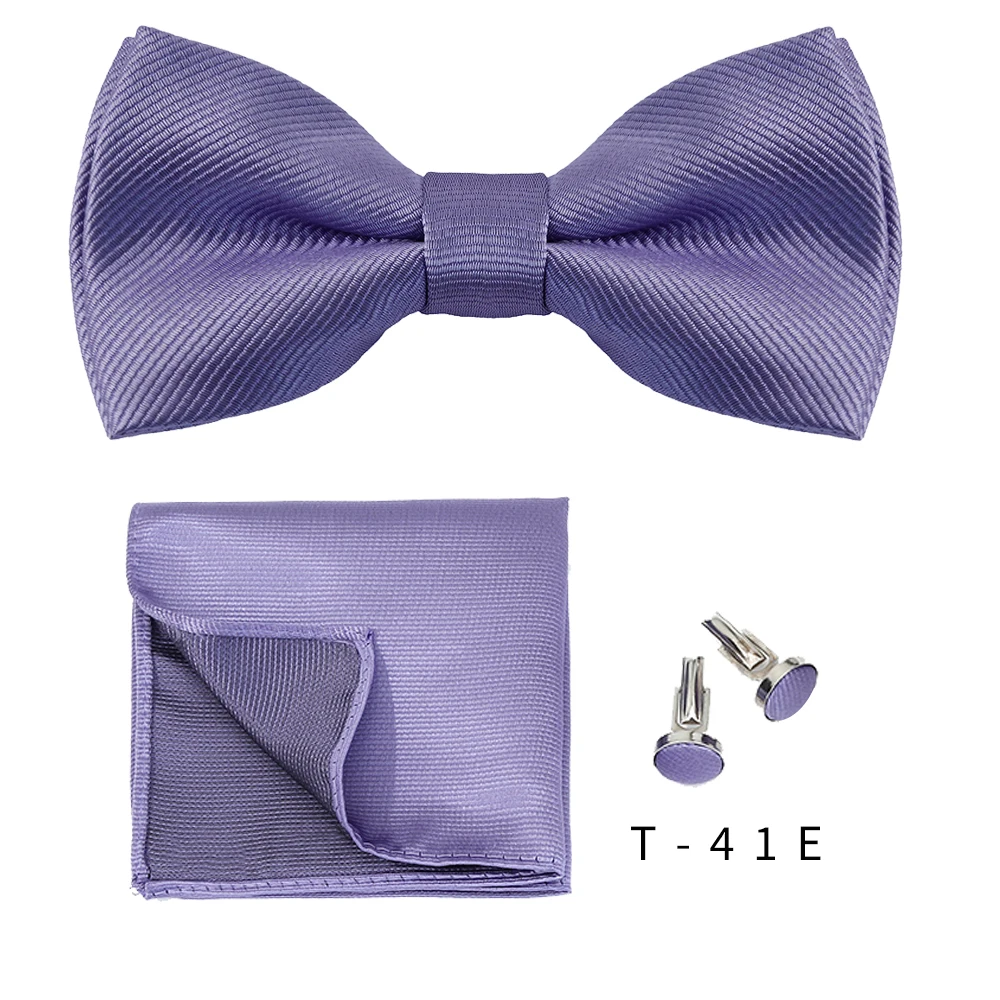 Solid Bowtie Pocket Square Cufflinks Set Business Men Neck 3pcs Bow Ties Handky Cufflinks Set Pocket Handkerchiet Accessories