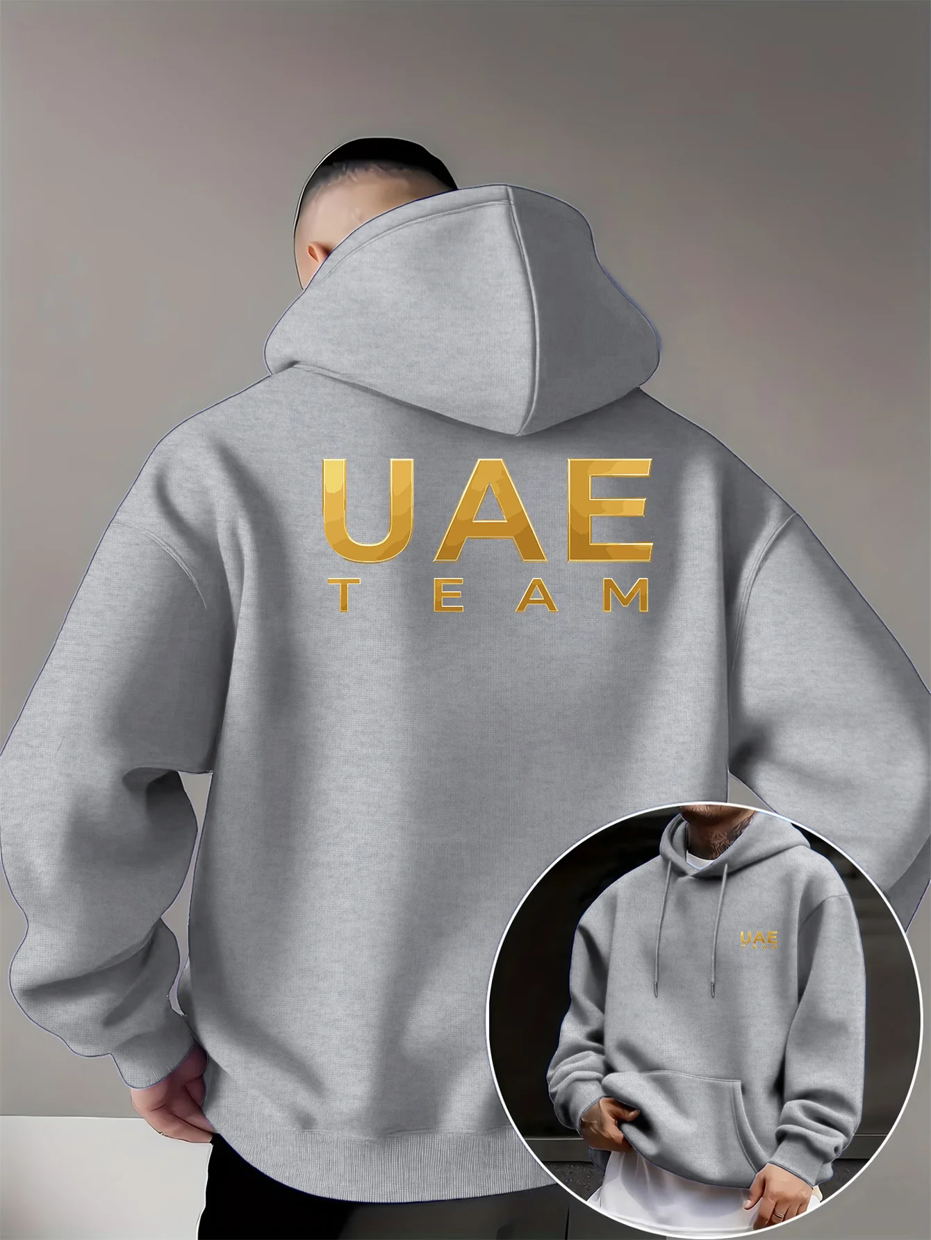Men's UAE TEAM Logo Hooded Sweatshirt - Golden UAE TEAM Print Pullover Hoodie with, Sportinter for UAE National Team Supporters