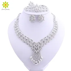 New Crystal Bridal Jewelry Sets Silver Plated Wedding Necklace Earrings Bracelet Ring African Beads Jewelry Sets Accessories