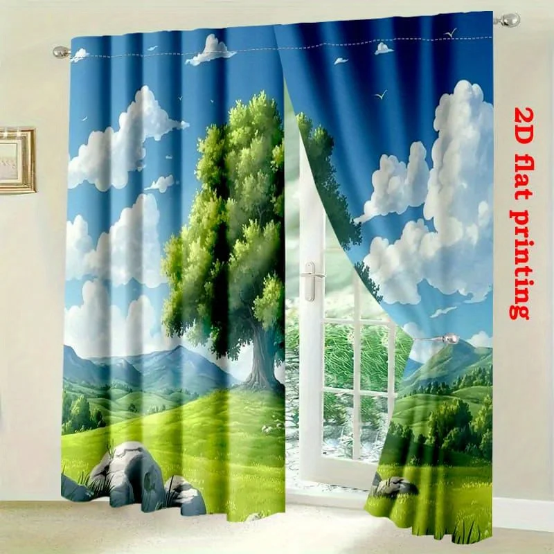 Green Tree Curtain, Anime Style Landscape Print Drape, Sky Clouds Meadow Window Treatment for Living Room Bedroom Home Decor
