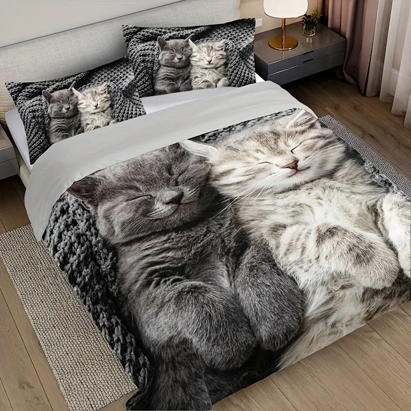 

2026 3pcs Cat Animal Duvet Cover Set 3D Cute Pet Cat HD Printing Bedding For Home Dorm