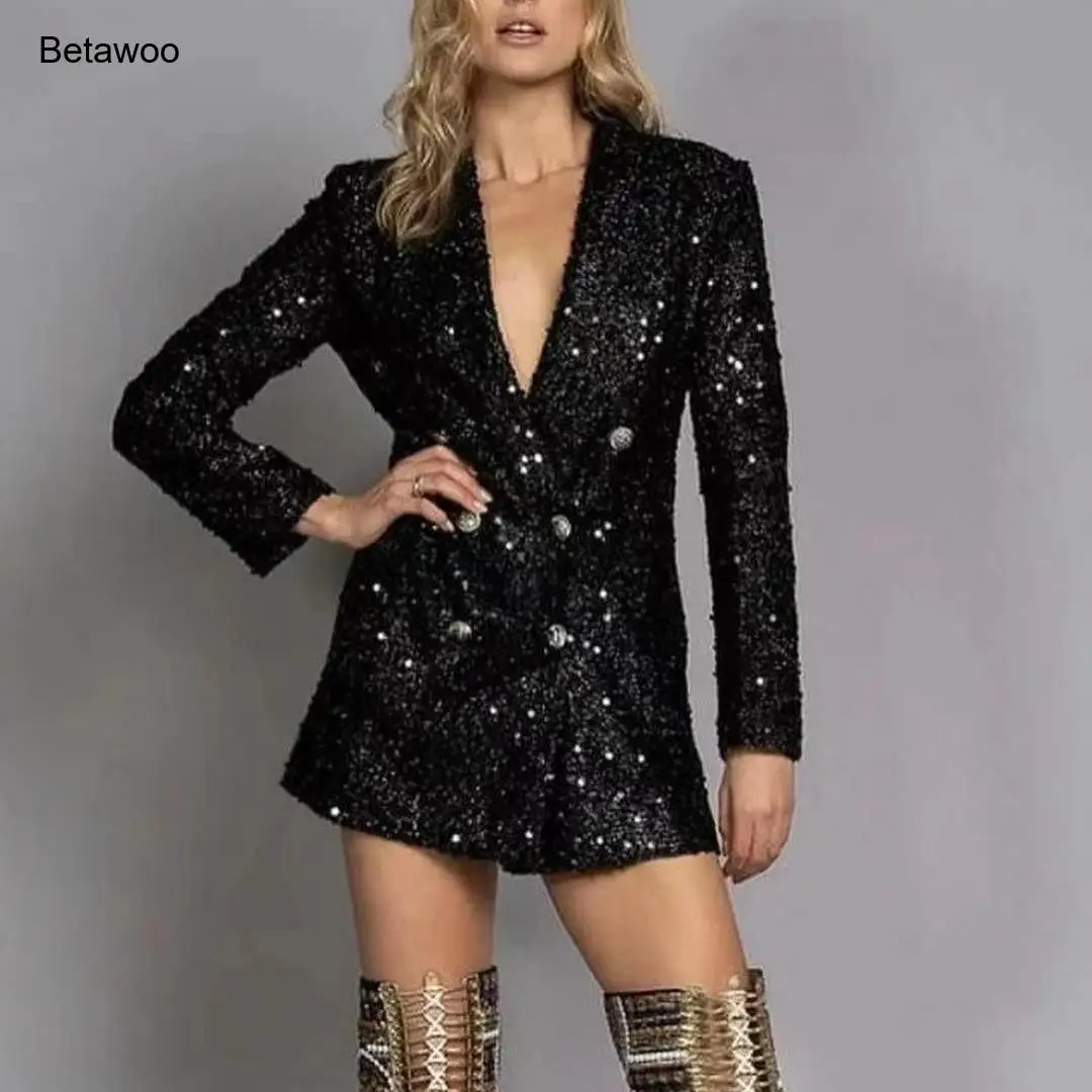 

Women's Sparkly Sequin Blazer Dress Long Sleeve V-Neck Double Breasted Cocktail Party Mini Dress