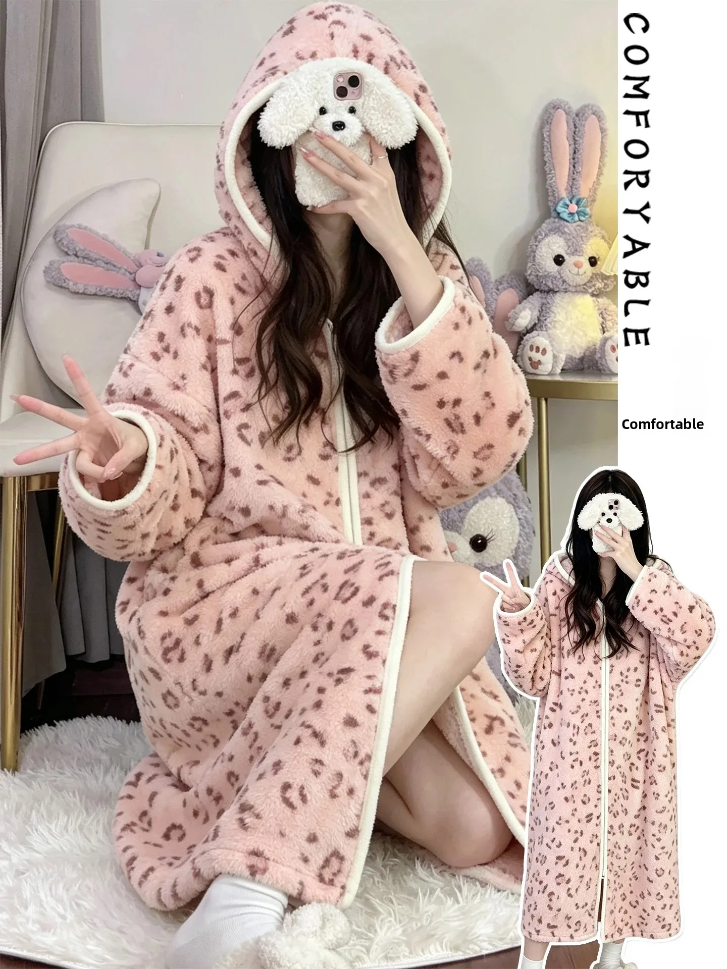 coralline-fleece-sleepwear-women's-thickened-home-clothes-long-robe-sexy-leopard-print-robe-warmth-casual-winter-new-arrival