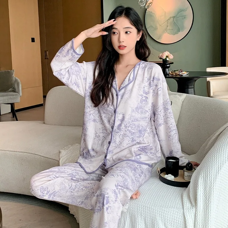 Light Purple Casual Women Pajama Cute Sleepwear Autumn Winter Long Sleeve Long Pants Soft Pyjamas Cozy Pijamas Girl Pijama Comfy