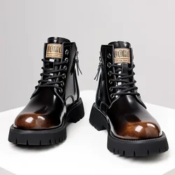 Fashion Shiny Genuine Leather Men's Boots Winter Platform Ankle Boots Men High-top Motorcycle Boots Fashion Flat Designer Shoes