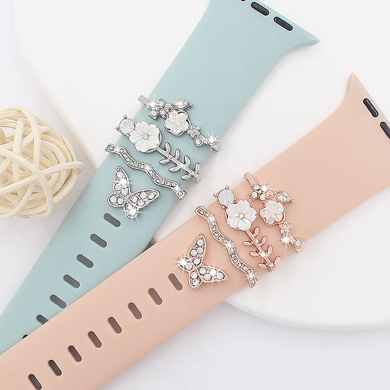 Silicone Strap Decorative Ring for Apple Watch Band Bling Flower Butterfly Metal Charms Rhinestone Ornament for iWatch Bracelet