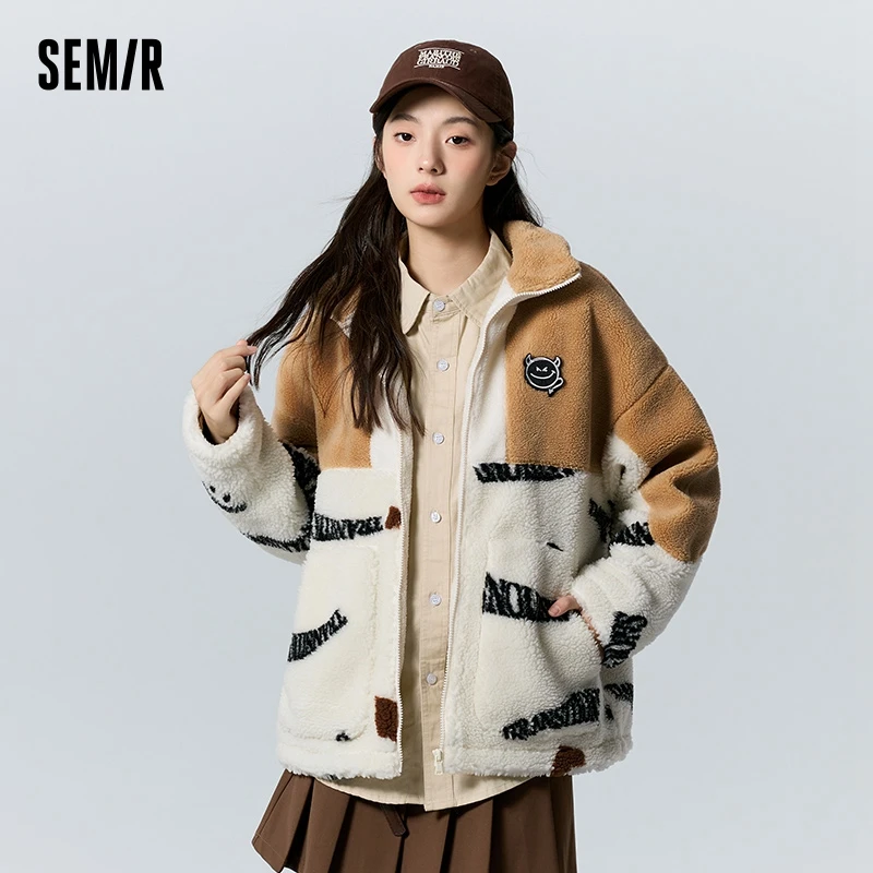 Semir Coat Women Mid-Length Oversize Imitation Lamb Wool Lettering Sweet Cool Winter Stand-Up Collar Color Matching Casual Coat