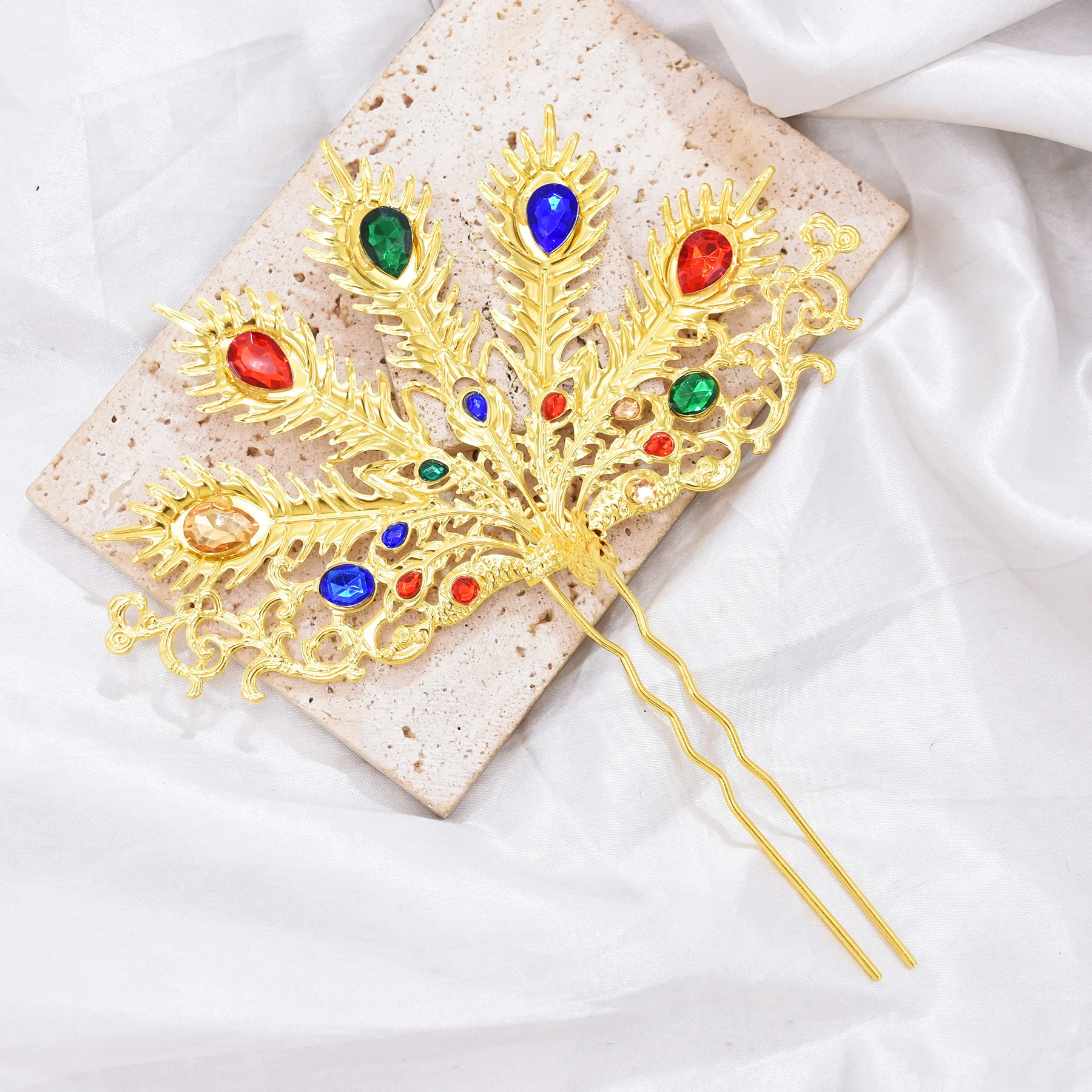 Bohemian Ethnic Peacoke Feather Hair Stick Colorful Crystal Hairpin Alloy Carved Hair Fork Wedding Bride Cosplay Stage Jewelry