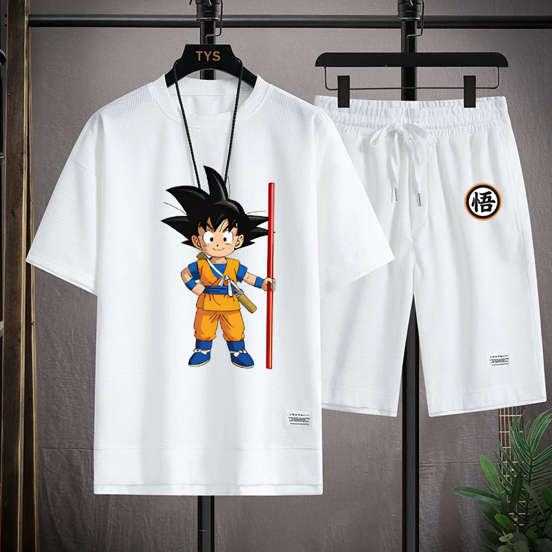

New Ball Goku summer waffle T-shirt set featuring anime patterns - anime-themed top + shorts combo. Multiple colors available. F