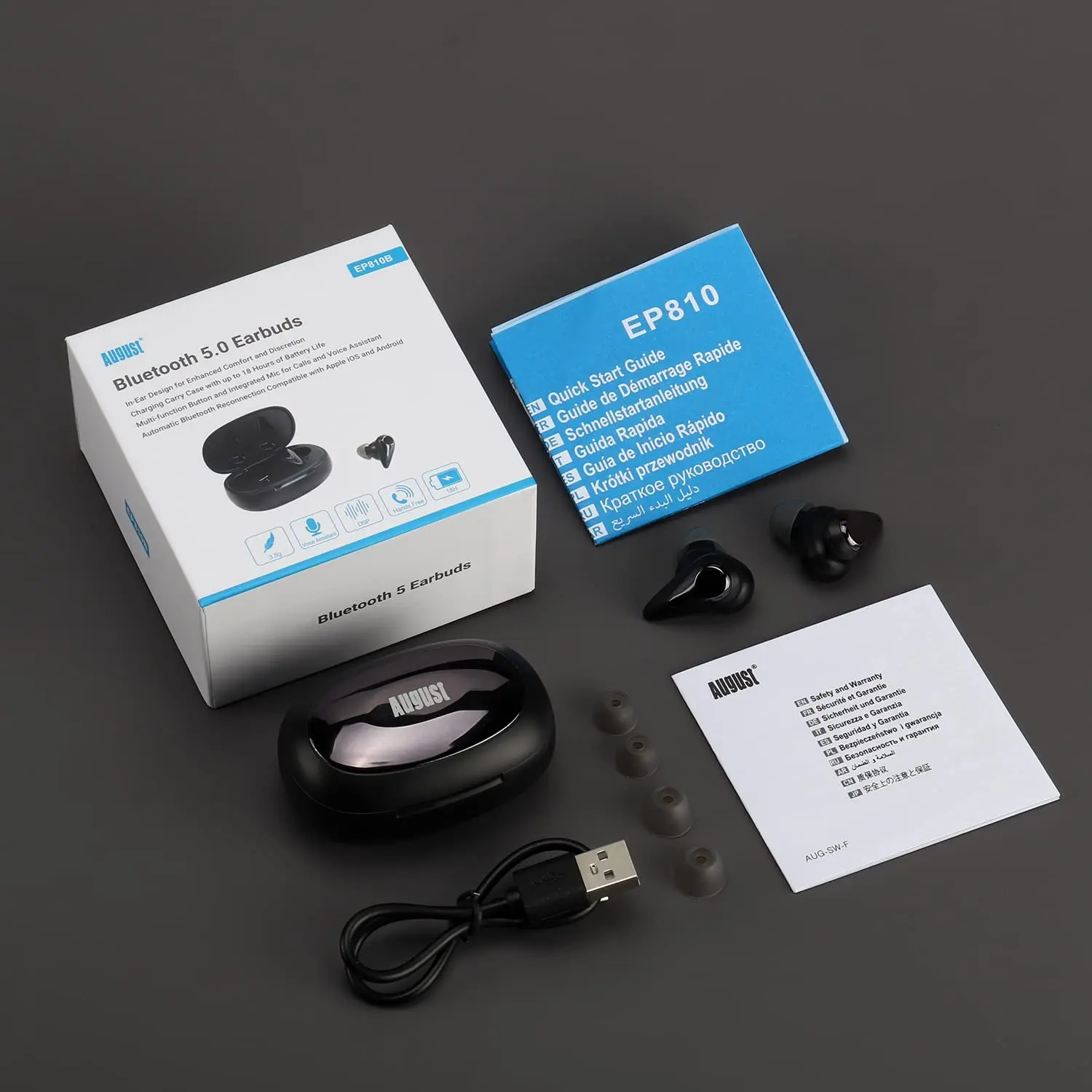 August EP810 Wireless Earbuds Bluetooth5.0 Touch Control with Type C Charging Box in-Ear Earphones with Microphone for Phone