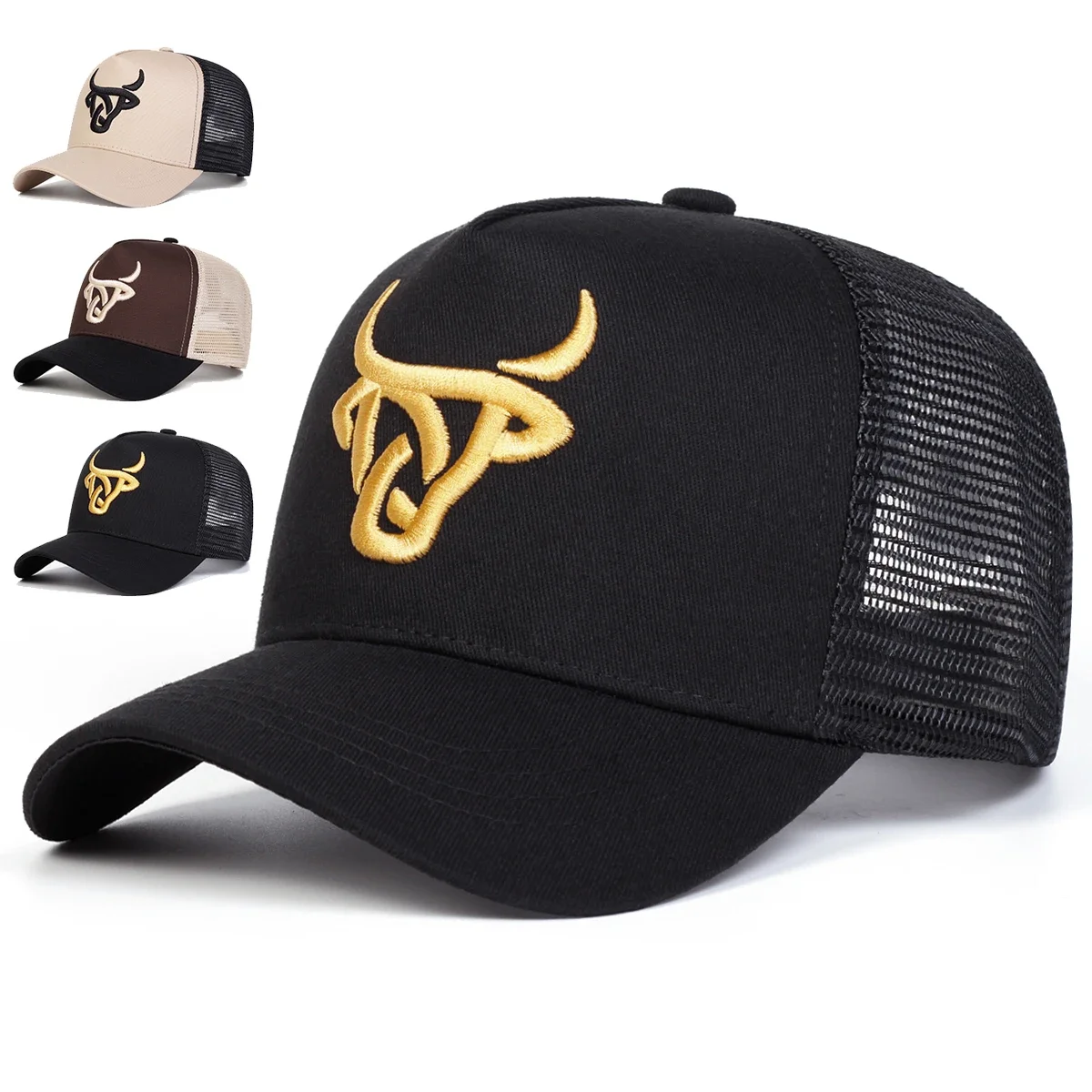Unisex Baseballkappen mit Ochsenkopf-Stickerei, Frühling/Sommer Outdoor Sonnenschutz-Hüte, Verstellbare Casual Trucker-Mützen