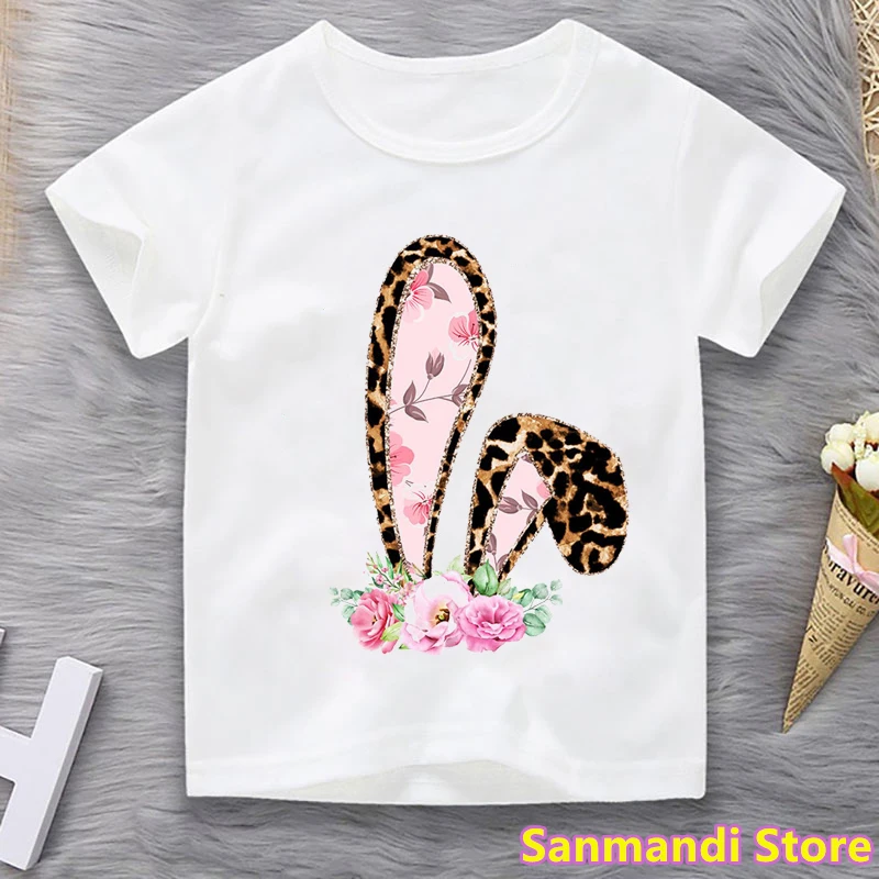 Leopard Bunny Ears Glitter Unicorn Print Children's Clothing Funny Cute Pink Flowers T Shirt Femme Harajuku Shirt Kids Clothes