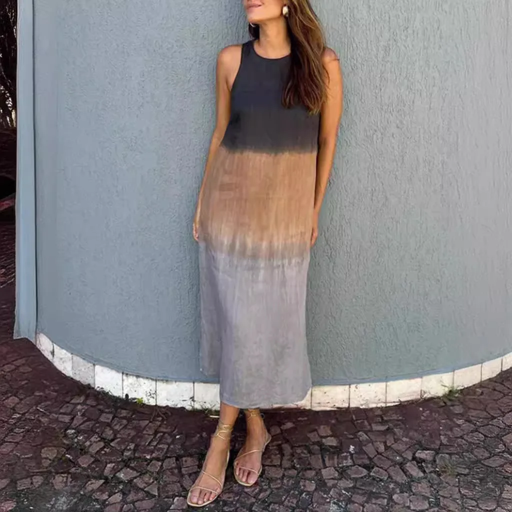 

Fashion Gradient Three-Color Dress Women's Summer Round Neck Pullover Sleeveless Women Comfortable Casual Cotton and Line Dress
