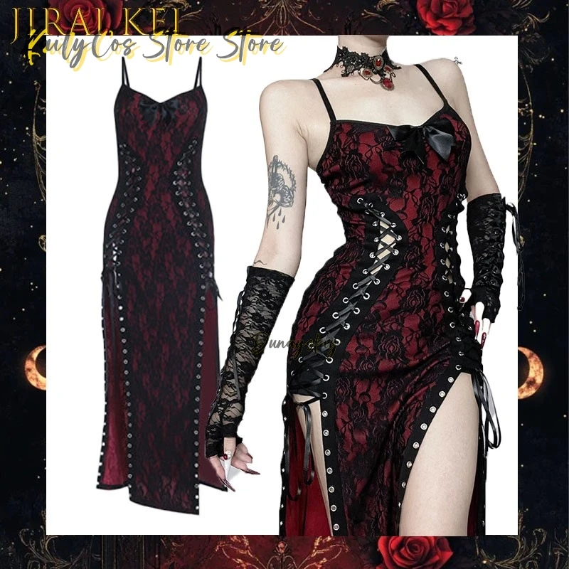 

Gothic Sexy Lace Spaghetti Strap Dress Red Lacing Bodycon High Slit Long For Women Cosplay Jirai Kei Y2k Lolita Halloween Party