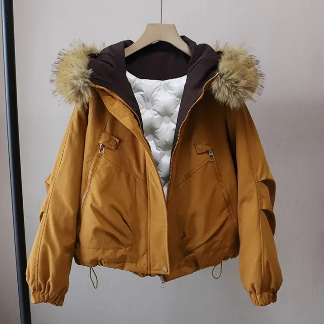 

American Sle Thiened Hooded Cotton Jaet Women's Winter Coat Fur Collar Design Sensation Small Size Friendly Knitted