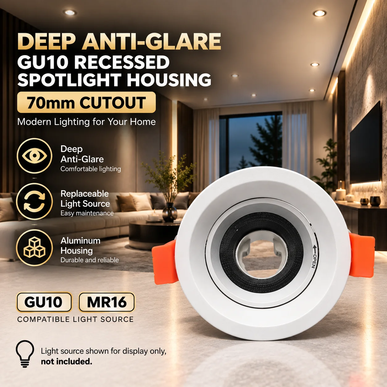 70mm Cutout GU10 Recessed Spotlight Housing Deep Anti Glare Aluminum Downlight Frame Replaceable Light Source Ceiling Light
