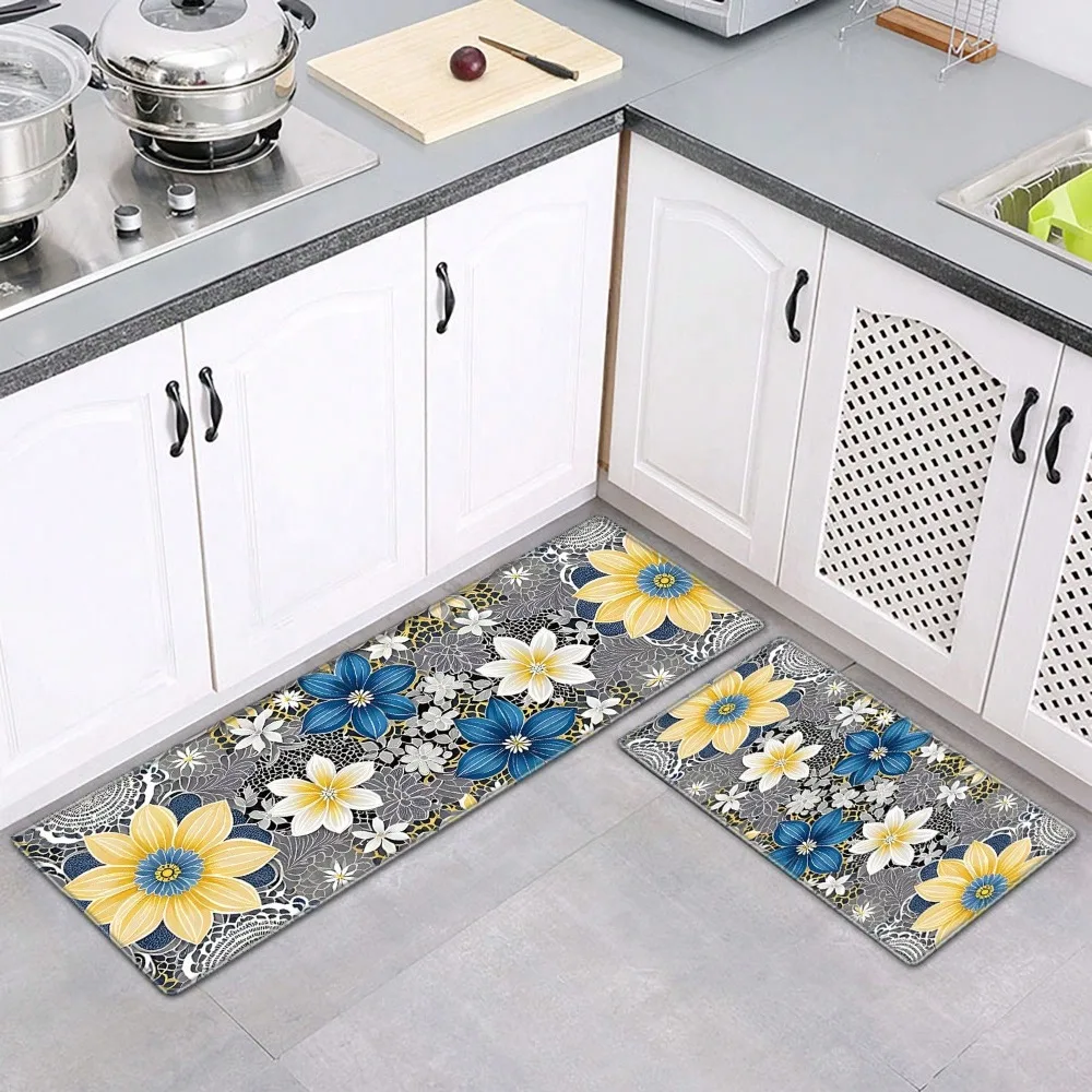 Floral Kitchen Carpet Mat Rug - Sunflower Butterfly & Vintage Line Art Design for Dining Room Home Decoration Floor Mat Bedroom