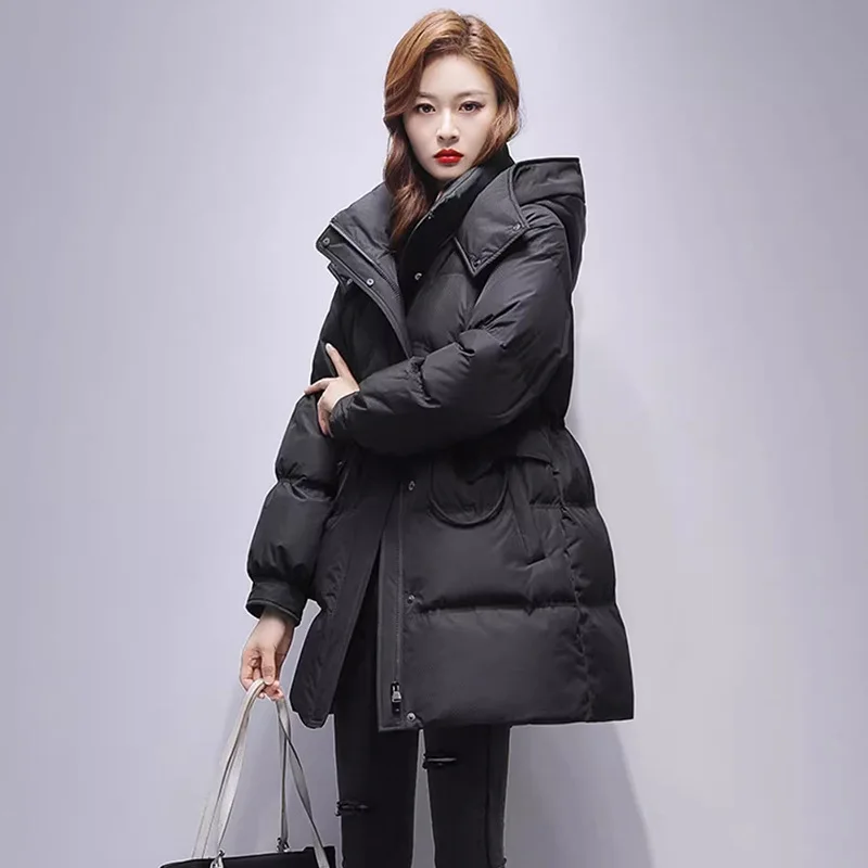 الشتاء الدافئة سترة منفوخة المرأة الرباط الأبيض بطة أسفل معطف طويل الأكمام أعلى يندبروف مقاومة البرد خندق معطف سميك