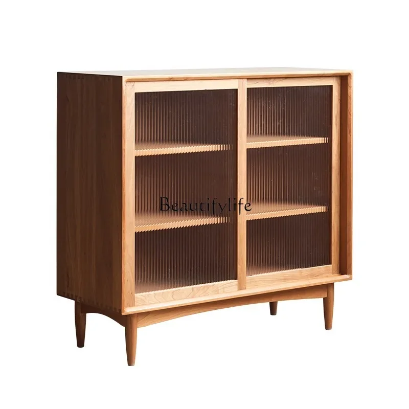 Solid wood dining side cabinet Japanese mobile glass door multi-functional tea cabinet