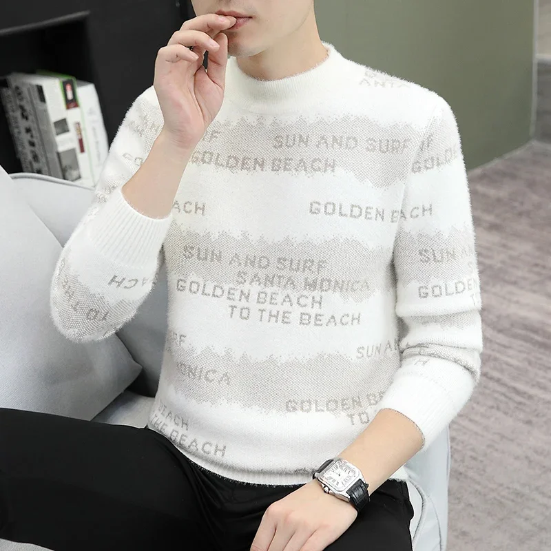 

Светлые полоски + буквенный узор 2025 модный мужской вязаный свитер модные осенне-зимние теплые стильные топы с круглым вырезом