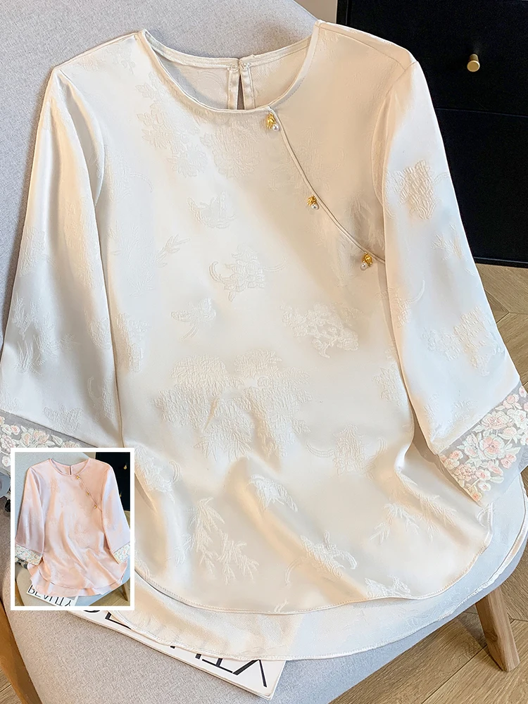 

New Chinese Sle Embroidered irt round Ne Button Seven Sve Floral Pattern Traditional Costume Top for Women