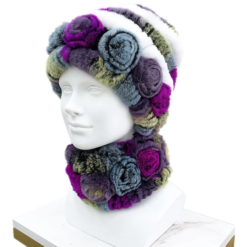 

Autumn Winter Warm Knitted Real Rex Rabbit Fur Hat Scarf Sets Lady Flower Rose Cap Soft Fluffy Neck Ring