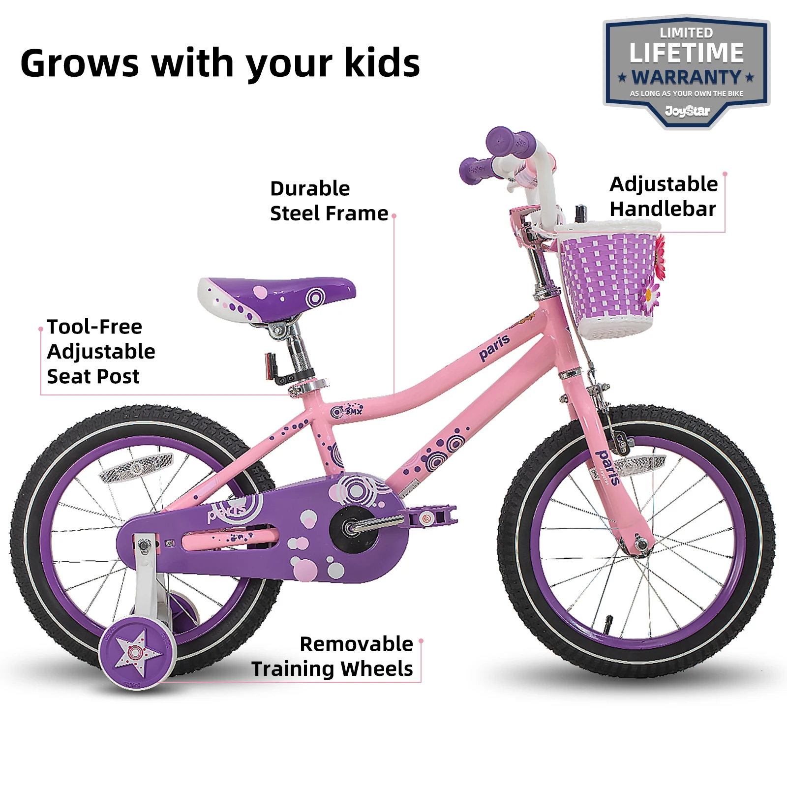 JOYSTAR Paris Girls Bike for Ages 3-8 Years Old, 14 16 18 Inch Kids Bike with Training Wheels, Basket and Handbrake, Pink